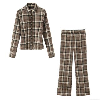 Women's Retro Plaid Two Piece Set Autumn Long Sleeve Button Down Shirt And High Waist Straight Leg Pants Casual Outfits Streetwear Brown Plaid Trouser Sets