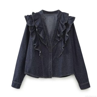 Women's Ruffle Denim Shirt and Wide Leg Jeans Set Long Sleeve V-Neck Button Up 100% Cotton Blouse High Waisted Straight Leg Denim Pants Streetwear Outfit