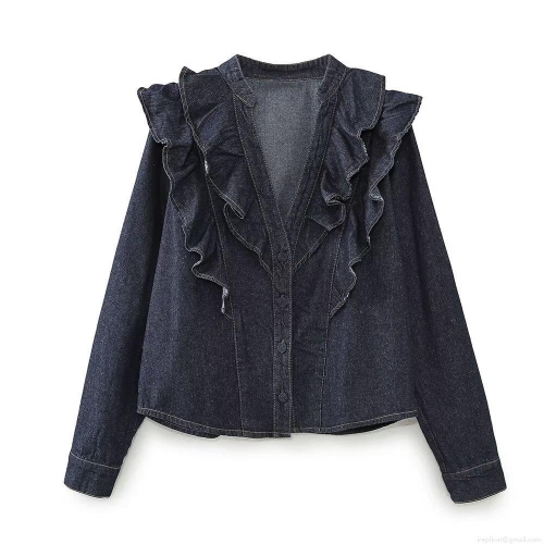 Women's Ruffle Denim Shirt and Wide Leg Jeans Set Long Sleeve V-Neck Button Up 100% Cotton Blouse High Waisted Straight Leg Denim Pants Streetwear Outfit