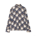 Women's Casual Plaid Long Sleeve Pants Set Retro High Neck Crepe Shirt And Wide Leg Trousers Two Piece Outfits For Autumn Daily Wear