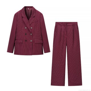 Women's 2 Piece Striped Blazer Suit Double Breasted Jacket And Wide Leg Long Pants Set Casual Streetwear Autumn Fashion Outfit