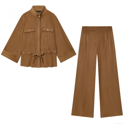 Women's Faux Suede Two Piece Set Solid Color Long Sleeve Collared Shirt Jacket High Waist Wide Leg Pants Streetwear Casual Autumn Outfits