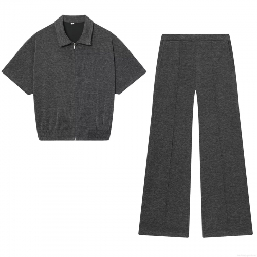 Women's Casual Waffle Knit Two Piece Set Short Sleeve Half Zipper Top And Wide Leg Pants Solid Color Streetwear Tracksuit Outfit