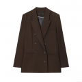 Women's Dark Brown Business Casual Suit Set Double-Breasted Padded Shoulder Blazer and High Waist Straight Wide Leg Pants Elegant Two Piece Set