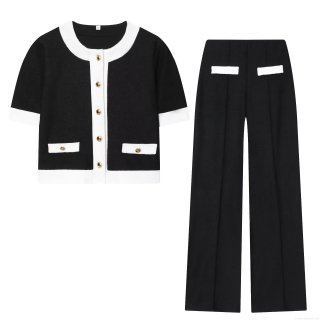 Women's Two Piece Tweed Knit Set Contrast Color Short Sleeve Gold Button Top And High Waist Wide Leg Long Pants Elegant Small Fragrance Style Casual Polyester Suit