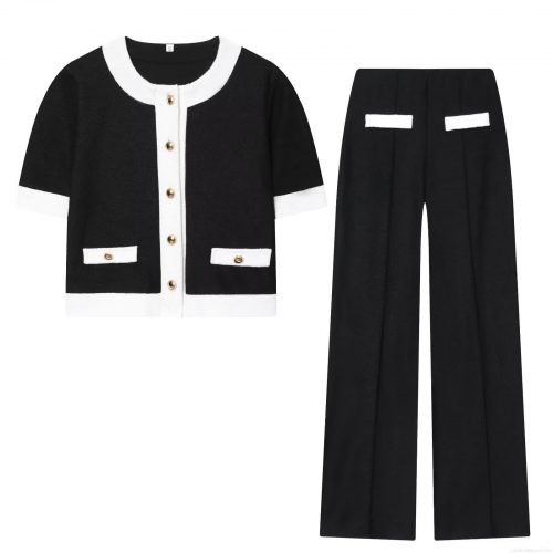 Women's Two Piece Tweed Knit Set Contrast Color Short Sleeve Gold Button Top And High Waist Wide Leg Long Pants Elegant Small Fragrance Style Casual Polyester Suit