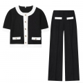 Women Contrast Color Tweed Knit Two Piece Set Contrast Trim Short Sleeve Cardigan And High Waist Wide Leg Pants Streetwear Street Style Set For Women