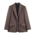 Women's Casual Brown Woven Polyester Blazer and Pants Set Autumn Fashion Streetwear Two-Piece Suit with Back Button Detail for Women Office Ladies