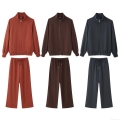 Women Two Piece Set Casual Half Zip Stand Collar Sweatshirt High Waisted Wide Leg Pants Soft Knit Polyester Tracksuit Loungewear Suits Fall Fashion
