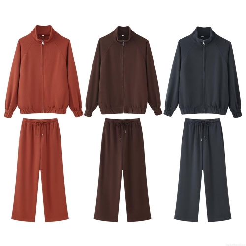 Women Two Piece Set Casual Half Zip Stand Collar Sweatshirt High Waisted Wide Leg Pants Soft Knit Polyester Tracksuit Loungewear Suits Fall Fashion
