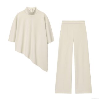 Women's Elegant Minimalist Two Piece Set Asymmetric Hem Long Sleeve High Neck Top And High Waist Wide Leg Pants Solid Color Polyester Streetwear Outfits