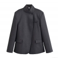 Women Elegant Deep Grey Stand Collar Blazer and Wide Leg Pants Set 100% Polyester Office Professional Slanted Placket Suit Jacket High Waist Striped Trousers Slim Fit Streetwear Chic Outfit