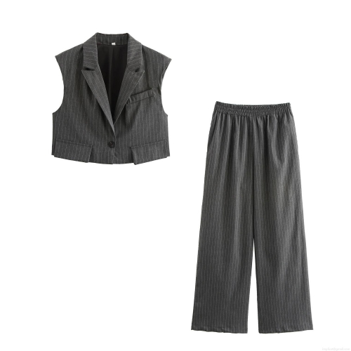 Women's Striped Two Piece Outfits 100% Polyester Woven Sleeveless Vest Top And High Waist Wide Leg Trousers Business Casual Office Lady Set
