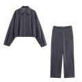 Women's Casual Two Piece Outfits Solid Color Long Sleeve Zipper Jacket And High Waist Wide Leg Pants Set Soft Imitation Cashmere Twill Streetwear For Autumn Winter