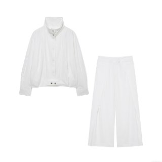 Women's Two Piece Outfits Solid White Bomber Jacket And Wide Leg Pants Set 100% Polyester Casual Long Sleeve Stand Collar Streetwear Suits
