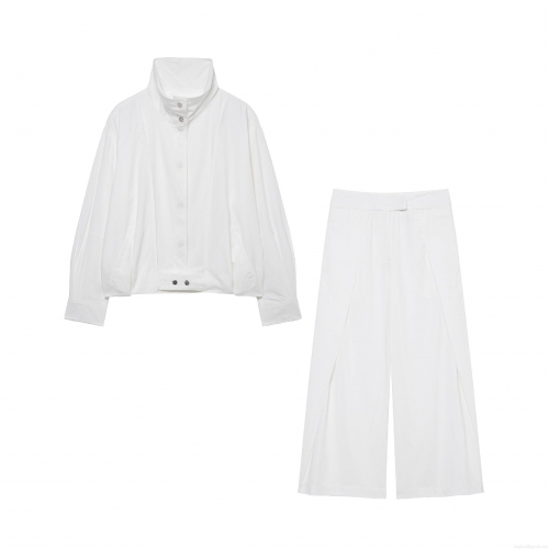 Women's Two Piece Outfits Solid White Bomber Jacket And Wide Leg Pants Set 100% Polyester Casual Long Sleeve Stand Collar Streetwear Suits