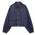 Women's Casual Two Piece Set Polyester Navy Blue Short Balloon Jacket and Wide Leg Pants Workwear Style Streetwear Autumn Outfits For Women