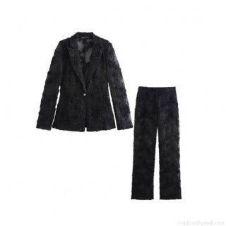 Women Black Sequin 3D Floral Lace Suit 2 Piece Set Semi-Transparent Blazer Long Pants Fashion Elegant Evening Party Outfit