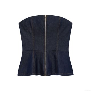 Women's Denim Two Piece Outfits Set Contrast Stitching Strapless Peplum Tube Top and High Waist Wide Leg Flare Pants Streetwear Sets