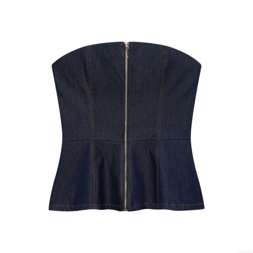 Women's Denim Two Piece Outfits Set Contrast Stitching Strapless Peplum Tube Top and High Waist Wide Leg Flare Pants Streetwear Sets