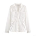 Women's Fashion Casual White Denim Shirt And Flare Pants Two Piece Set Contrast Topstitched Long Sleeve Shirt High Waist Wide Leg Trousers Outfits For Streetwear Women