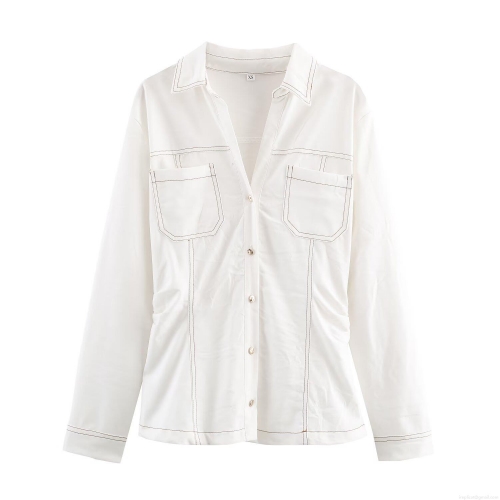 Women's Fashion Casual White Denim Shirt And Flare Pants Two Piece Set Contrast Topstitched Long Sleeve Shirt High Waist Wide Leg Trousers Outfits For Streetwear Women
