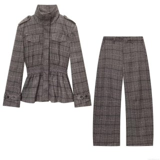 Women's Retro Plaid Wool Blend Set Ruffle Hem Stand Collar Jacket And Wide Leg Pants Two Piece Suit For Autumn Casual Streetwear Lady