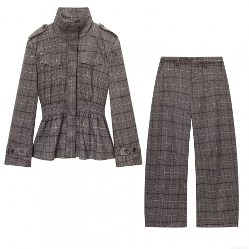 Women's Retro Plaid Wool Blend Set Ruffle Hem Stand Collar Jacket And Wide Leg Pants Two Piece Suit For Autumn Casual Streetwear Lady