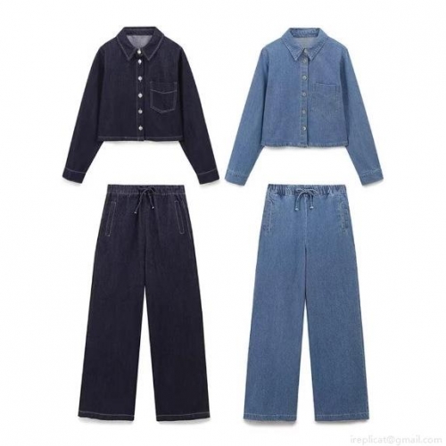 Women's Casual Solid Color Denim Shirt Jacket And High Waist Wide Leg Pants Two Piece Set Long Sleeve Lapel Top Drawstring Trousers Streetwear