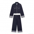 Women's 100% Cotton Denim Jacket and Wide Leg Pants Two Piece Set Contrast Color Cuffed Hem Cropped Outerwear and High Waisted Long Trousers Casual Urban Streetwear Outfits