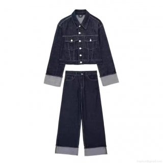 Women's 100% Cotton Denim Jacket and Wide Leg Pants Two Piece Set Contrast Color Cuffed Hem Cropped Outerwear and High Waisted Long Trousers Casual Urban Streetwear Outfits