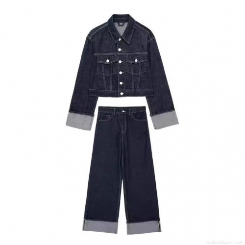 Women's 100% Cotton Denim Jacket and Wide Leg Pants Two Piece Set Contrast Color Cuffed Hem Cropped Outerwear and High Waisted Long Trousers Casual Urban Streetwear Outfits