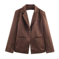 Women's Satin Three Piece Set Backless Blazer Wide Leg Pants And Tube Top Solid Color Streetwear Party Elegant Brown Suit