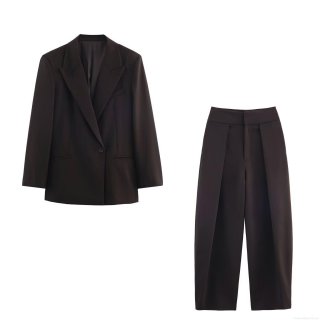 Women's Loose Blazer and High Waist Wide Leg Pants Set Solid Polyester Casual Suit Two-Piece Outfit for Office Streetwear Party Fashion