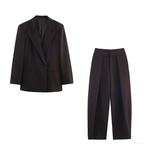 Women's Loose Blazer and High Waist Wide Leg Pants Set Solid Polyester Casual Suit Two-Piece Outfit for Office Streetwear Party Fashion