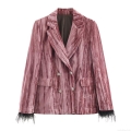 Women Luxury Velvet Two Piece Suit Set Feather Trim Cuff Double Breasted Pleated Blazer And Wide Leg Pants Elegant Evening Party Outfits