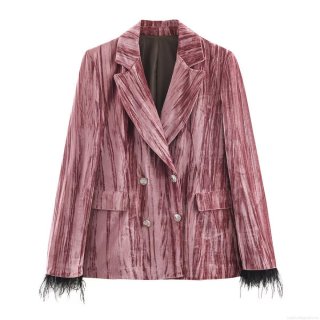 Women Luxury Velvet Two Piece Suit Set Feather Trim Cuff Double Breasted Pleated Blazer And Wide Leg Pants Elegant Evening Party Outfits