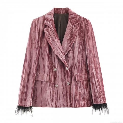 Women Luxury Velvet Two Piece Suit Set Feather Trim Cuff Double Breasted Pleated Blazer And Wide Leg Pants Elegant Evening Party Outfits