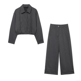 Women's Pinstripe 2 Piece Outfits Casual Polyester Long Sleeve Short Bomber Jacket Coat And High Waist Wide Leg Pants Set Streetwear Business Suit