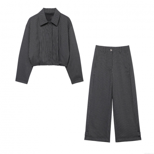 Women's Pinstripe 2 Piece Outfits Casual Polyester Long Sleeve Short Bomber Jacket Coat And High Waist Wide Leg Pants Set Streetwear Business Suit