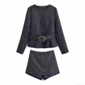 Women's Elegant Tweed Two-Piece Set Round Neck Jacket With Belt And High Waist Skort Shorts Gold Metal Buttons Chic Streetwear Autumn Winter Outfit
