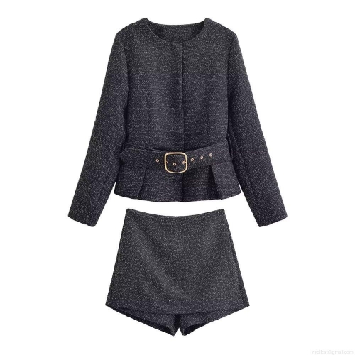 Women's Elegant Tweed Two-Piece Set Round Neck Jacket With Belt And High Waist Skort Shorts Gold Metal Buttons Chic Streetwear Autumn Winter Outfit