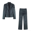 Women's Two Piece Velvet Suit Set Slim Fit Notched Lapel Single Button Blazer and High Waist Wide Leg Flare Pants Elegant Streetwear Office Party Outfit