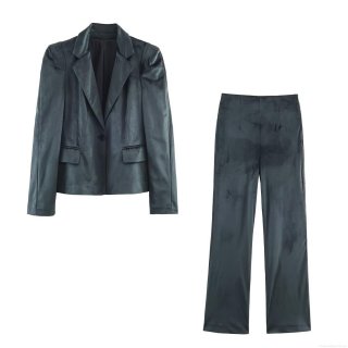 Women's Two Piece Velvet Suit Set Slim Fit Notched Lapel Single Button Blazer and High Waist Wide Leg Flare Pants Elegant Streetwear Office Party Outfit