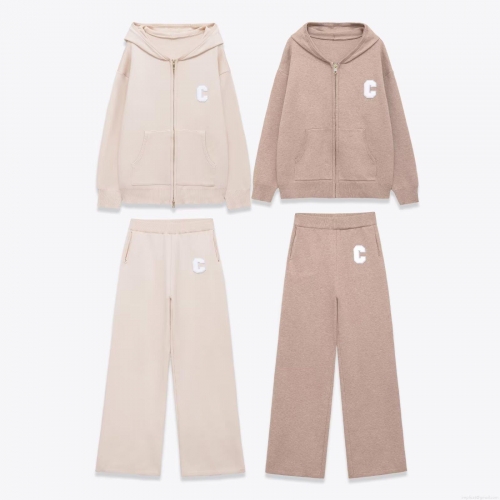 Women's Knitted Casual 2 Piece Set Zipper Hooded Jacket And Wide Leg Pants Solid Color Letter C Embroidery Oversized Tracksuit For Autumn Winter