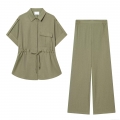 Women's 2 Piece Outfits Casual Short Sleeve Lapel Button Down Shirt with High Waist Wide Leg Pants Set Solid Color Utility Workwear Style Streetwear for Women