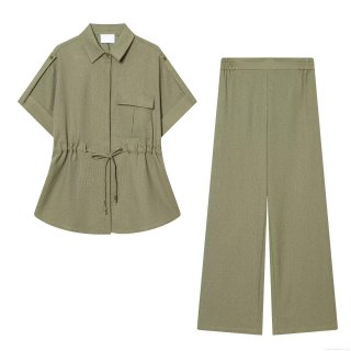 Women's 2 Piece Outfits Casual Short Sleeve Lapel Button Down Shirt with High Waist Wide Leg Pants Set Solid Color Utility Workwear Style Streetwear for Women
