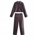 Women's Two Piece Set Crocodile Embossed Faux Leather Jacket and High Waist Straight Pants Outfits Retro PU Streetwear Suit