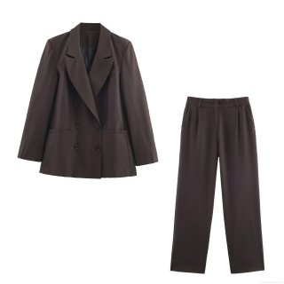 Women's Fashion Double Breasted Padded Shoulder Blazer and High Waist Straight Leg Pants Two Piece Suit Set Solid Color Dark Brown Office Lady Outfits