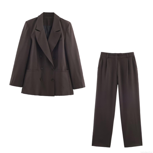 Women's Fashion Double Breasted Padded Shoulder Blazer and High Waist Straight Leg Pants Two Piece Suit Set Solid Color Dark Brown Office Lady Outfits